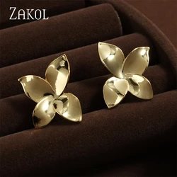 ZAKOL Exquisite Gold Color Metal Leaf Stud Earrings for Women Korean Bridal Flower Earring Fashion Wedding Party Jewelry