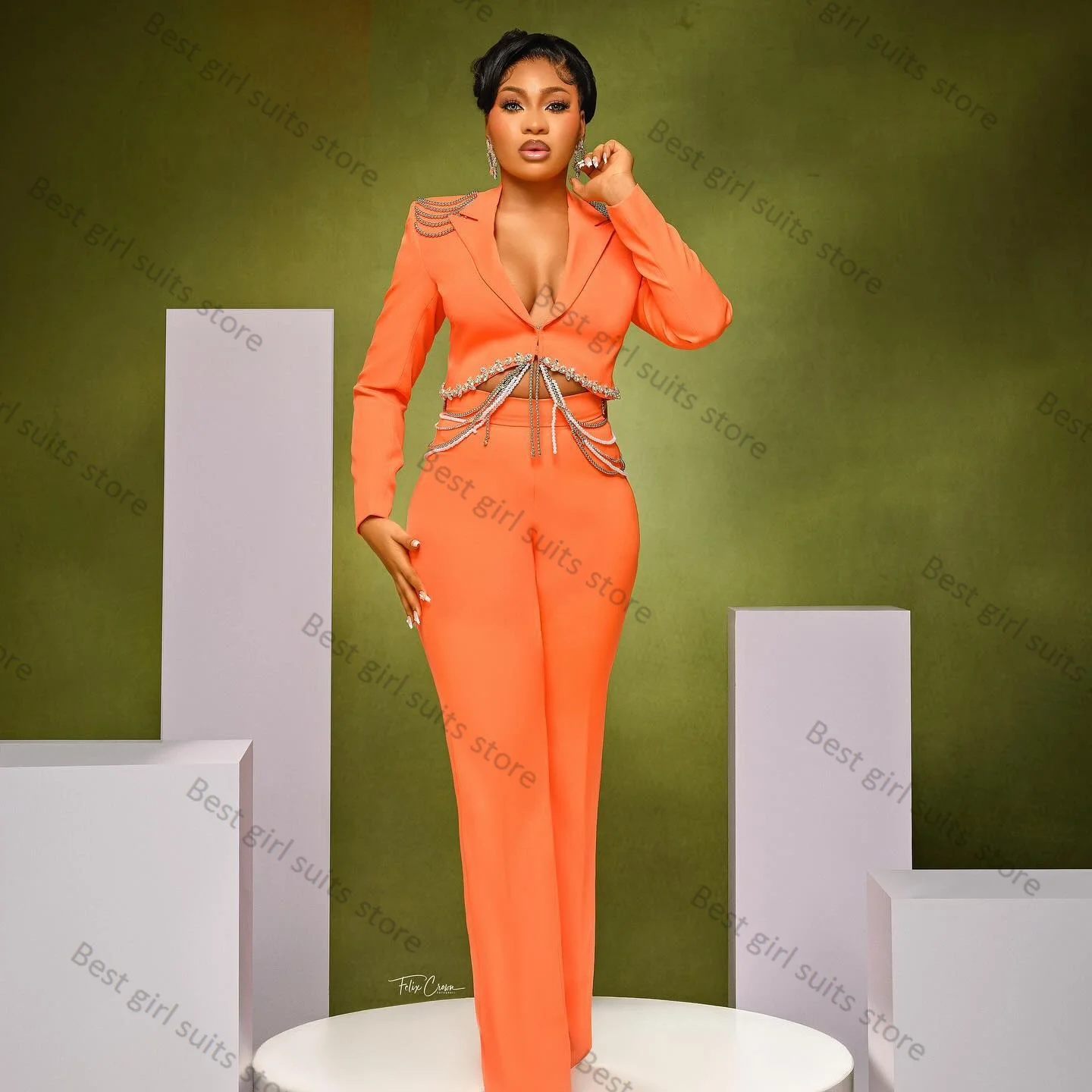 

Orange Beading Women Suit Pants Set 2 Piece Short Blazer+Trousers Formal Office Lady Jacket Customized Wedding Tuxedo Prom Coat