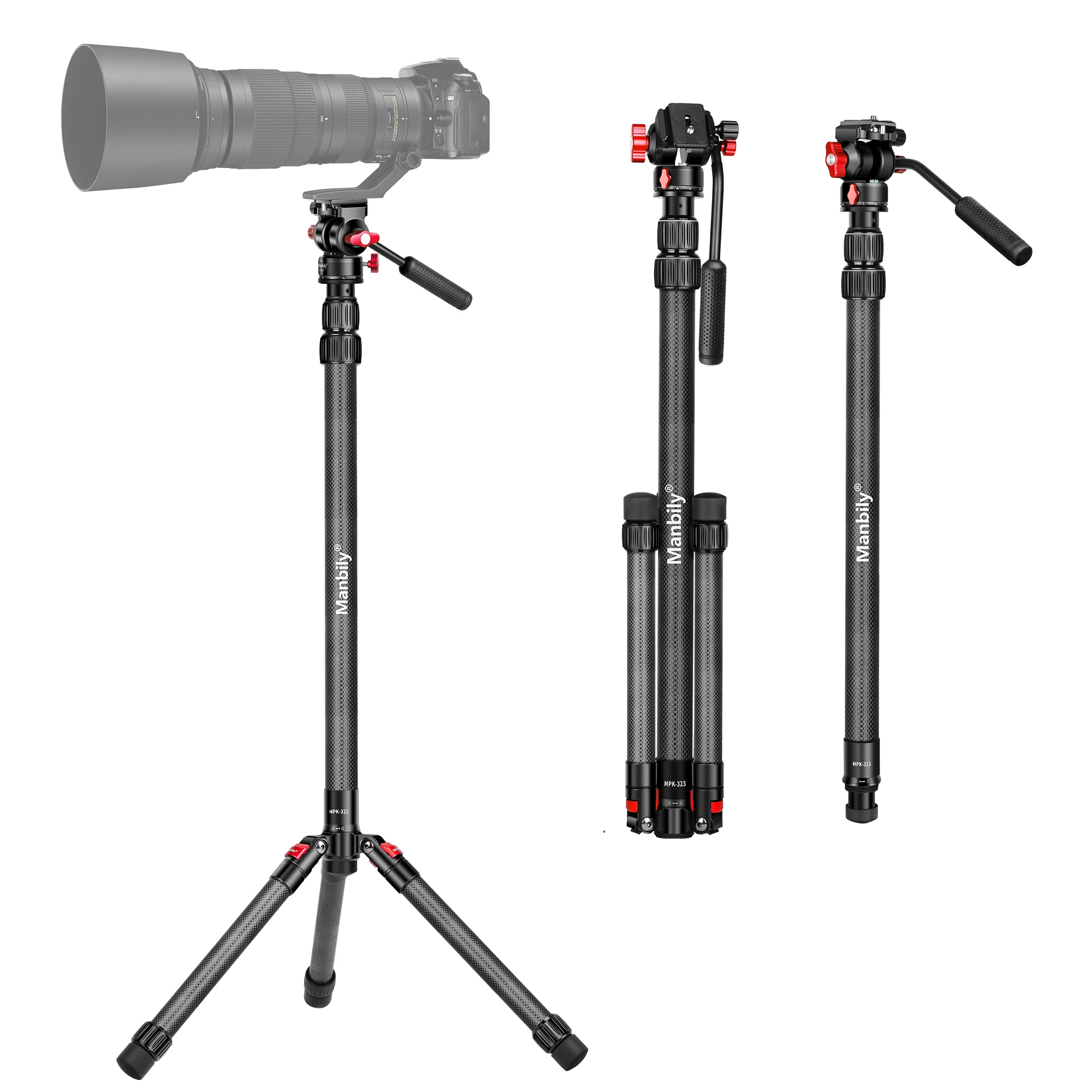 

Manbily MPK-323 Carbon Fiber Professional Tripod with Fluid Head 3-in-1 167cm Monopod for DSLR Camera