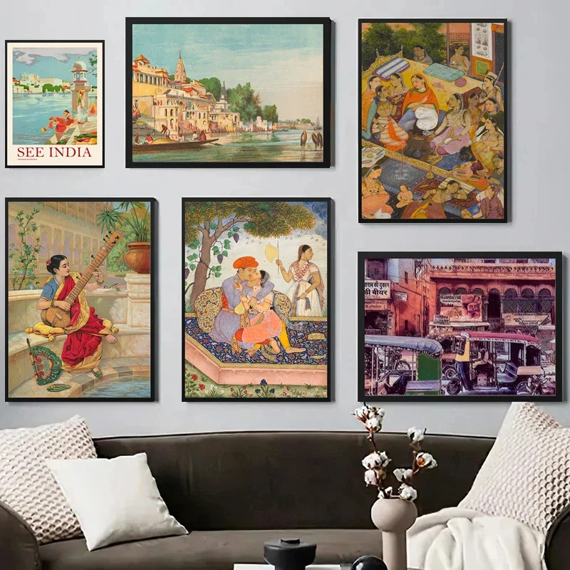 امرأة هندية عتيقة تلعب بصمة و ثقافة غريبة طباعة ملصق ، قماش اللوحة ، جدار الفن صورة ، غرفة المعيشة ، غرفة الكنيسة ، ديكور المنزل