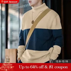 Maden Retro Turtleneck Knitted Sweater Contrasting Color Striped Pullover Warm Versatile Top for Men's Fall and Winter Clothing