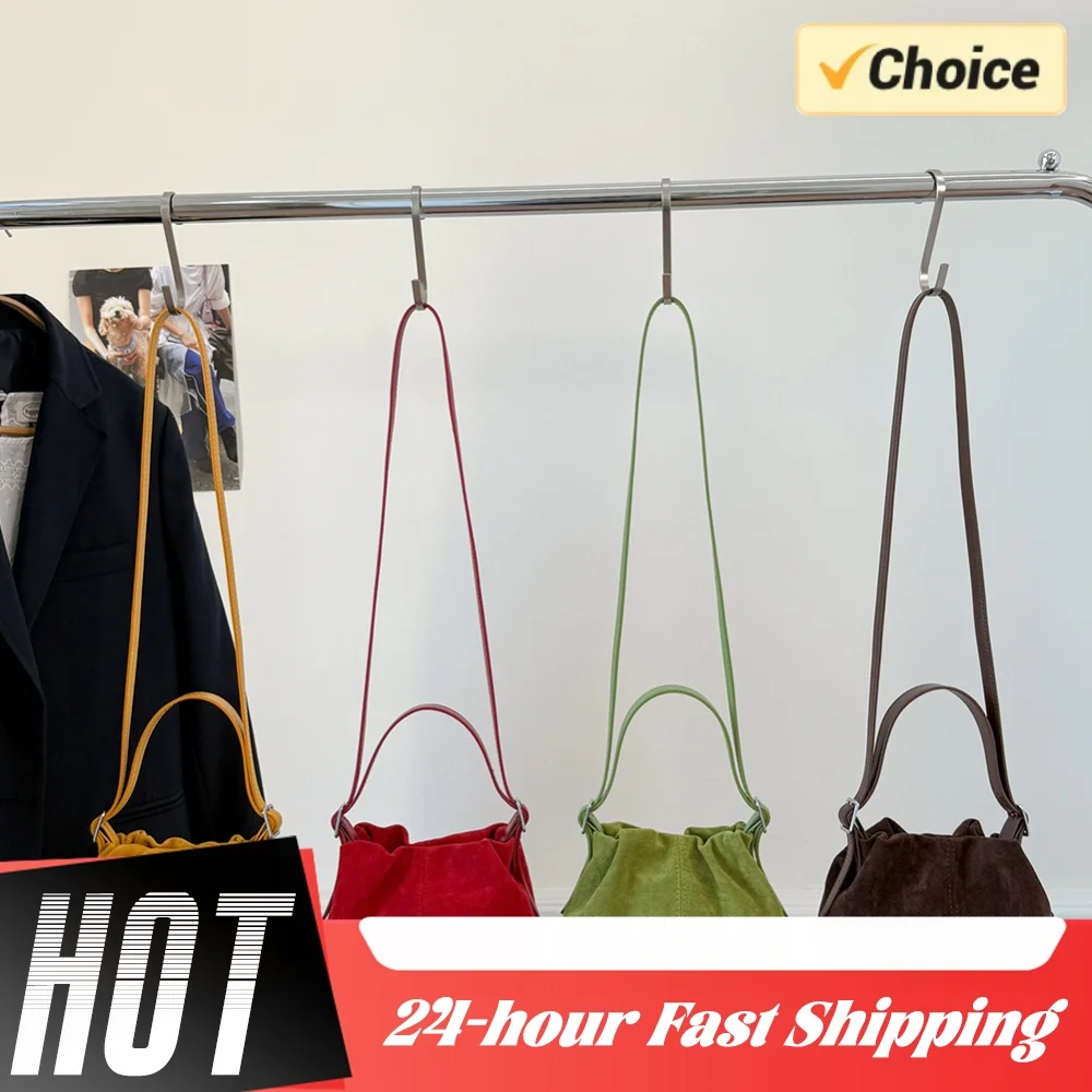Women Faux Suede Crossbody Bag with Adjustable Strap Drawstring Top Handle Bag Tote Handbag for Travel Winter Fall