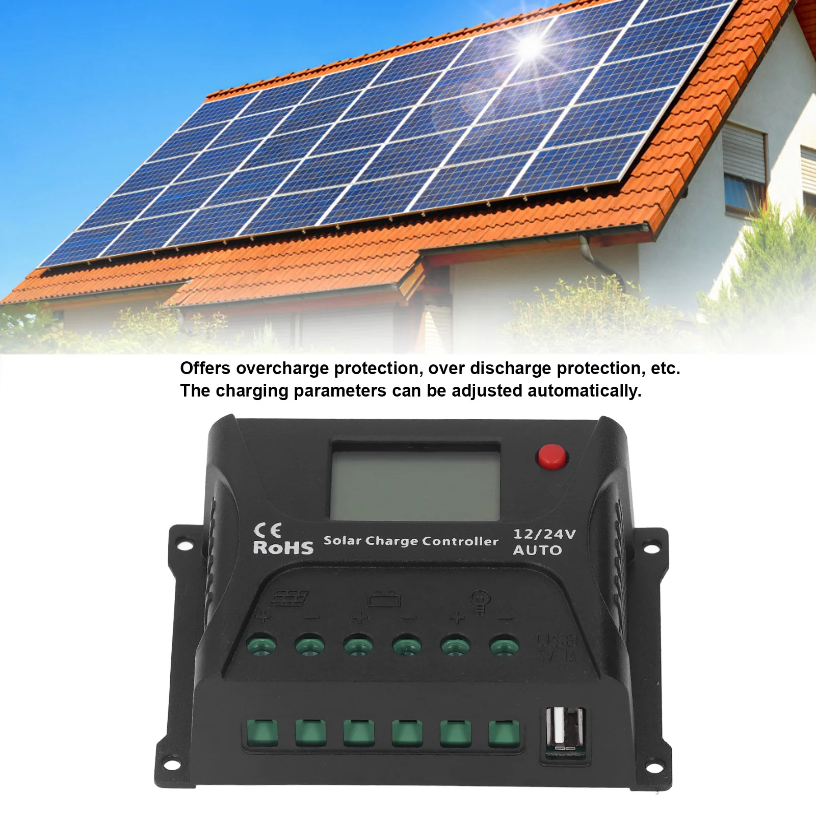 Solar Charge Controller PWM Discharge Control LED Display with USB 10A 12V 24V for Battery