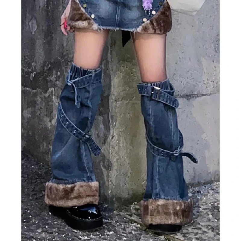 

PBAP Faux Fur Patchwork Denim Leg Warmers Women Vintage Blue Belted Zipper Split Plush Thigh Long Boots Cover Grayu Y2k Clothes