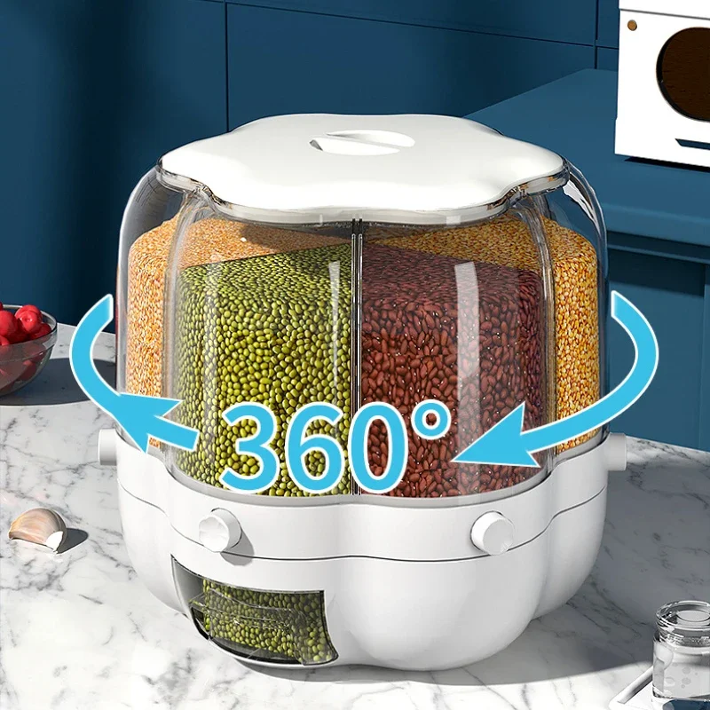 

360° Rotating Food Storage Containers Rice Sealed Cereal Dispenser Rice Tank Grain Box Kitchen Storage Container organizers