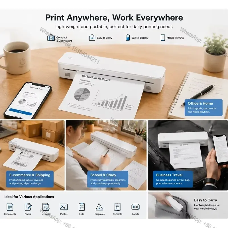 2026 Hot Sale Portable A4 Thermal Printer Compact Inkless Blue Tooth USB Connectivity Lightweight Efficient Printing Business
