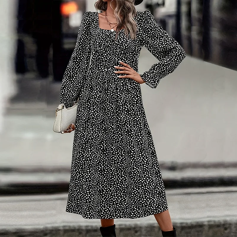 Plus-Size Polka Dot Print Square-Neck Midi Dress Elegant Stylish Loose Long-Sleeve Waist-Cinching Women's Dress view 4