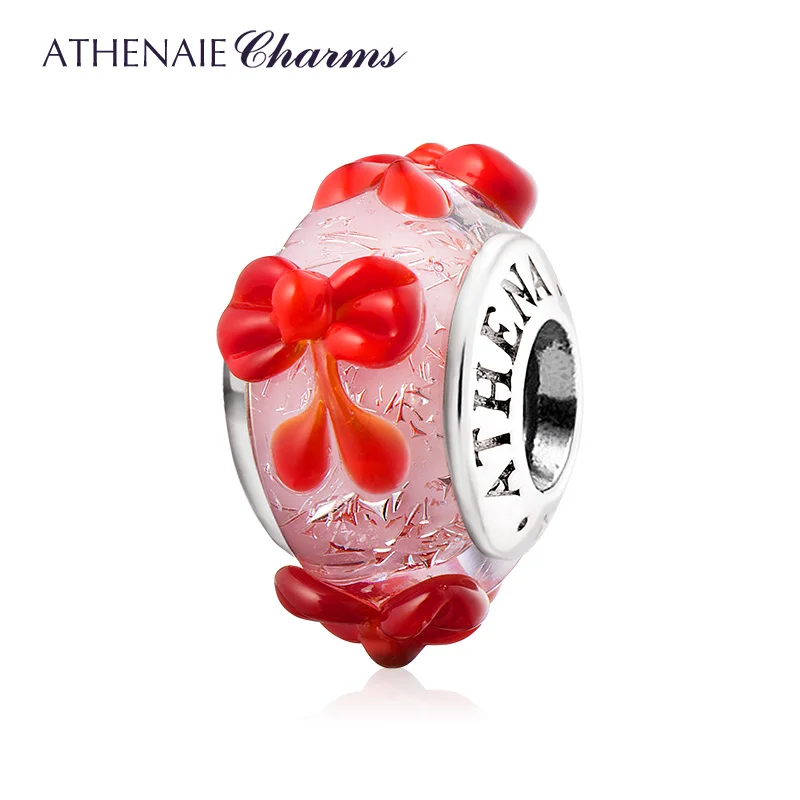 ATHENAIE Red Bow Murano Glass Charm Bead, 925 Sterling Silver Core, Romantic Gift for Girlfriend Wife, Valentine's Day