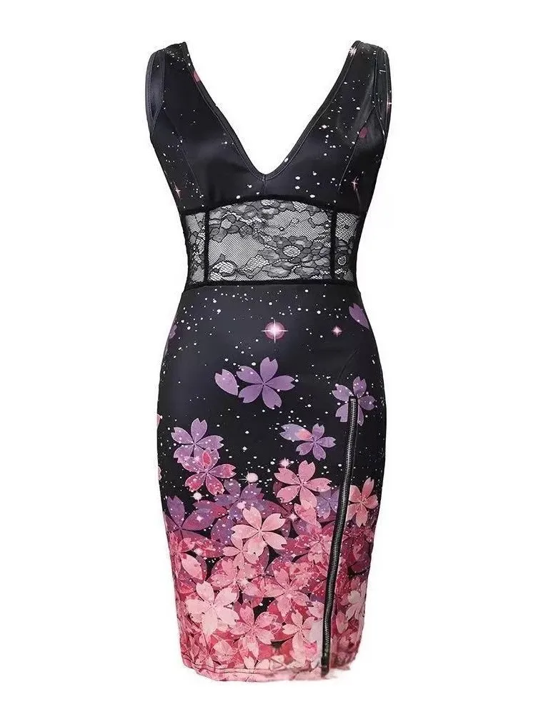 ارتفاع الخصر سليم صالح الدانتيل سبليت الدكتور Bodycon الدكتور الأوروبي Sle No Sve ألياف البوليستر النبات نمط الأزهار قطعة واحدة