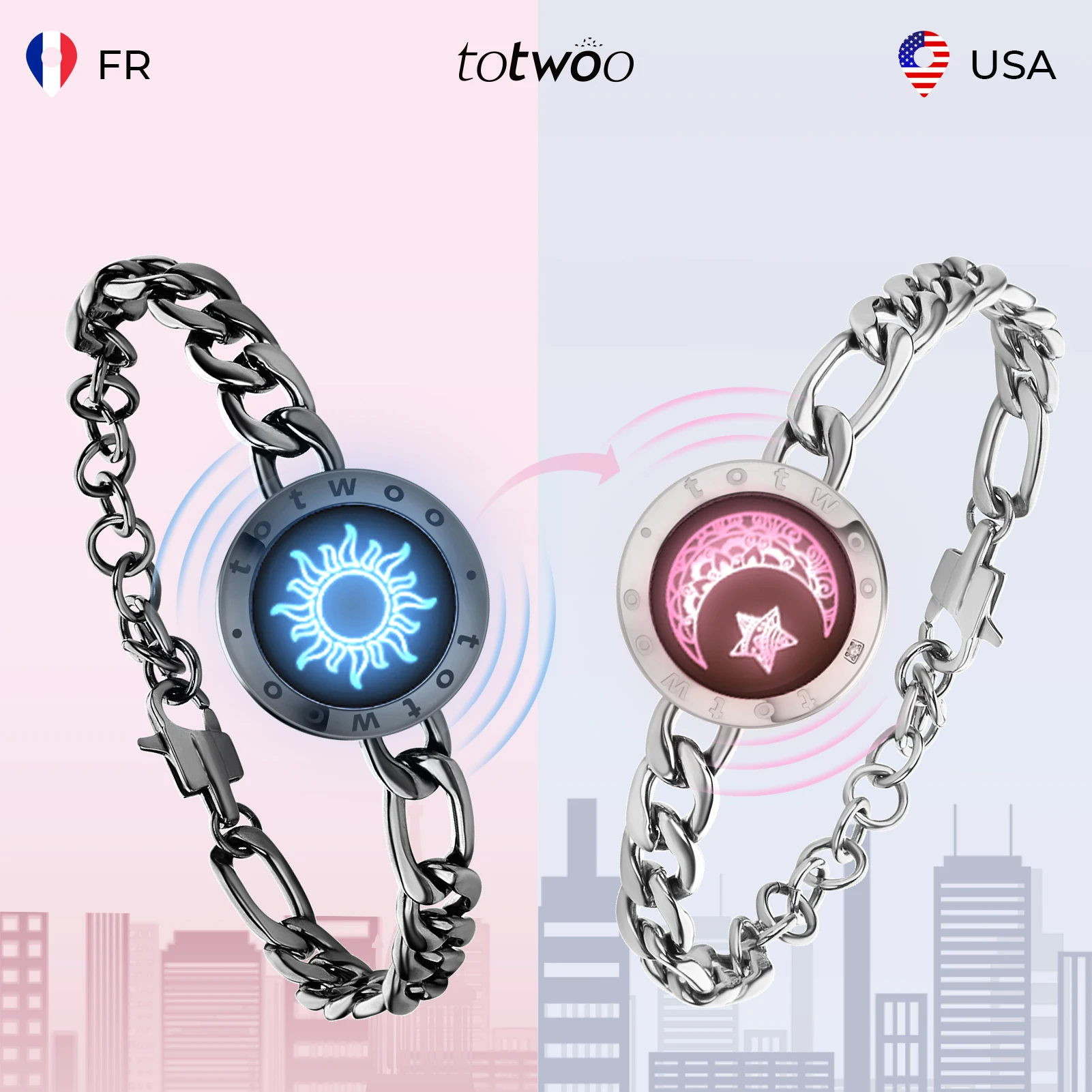 TOTWOO Pulseras táctiles de larga distancia para parejas, regalos con vibración y luz para novia, joyería de emparejamiento Bluetooth