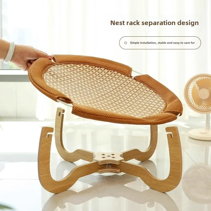 Summer Rattan Weaving Cat Bed Removable Cat Hammock Portable Pet Cradle Beds and Furniture Cool Sleeping Mat Cat Accessories