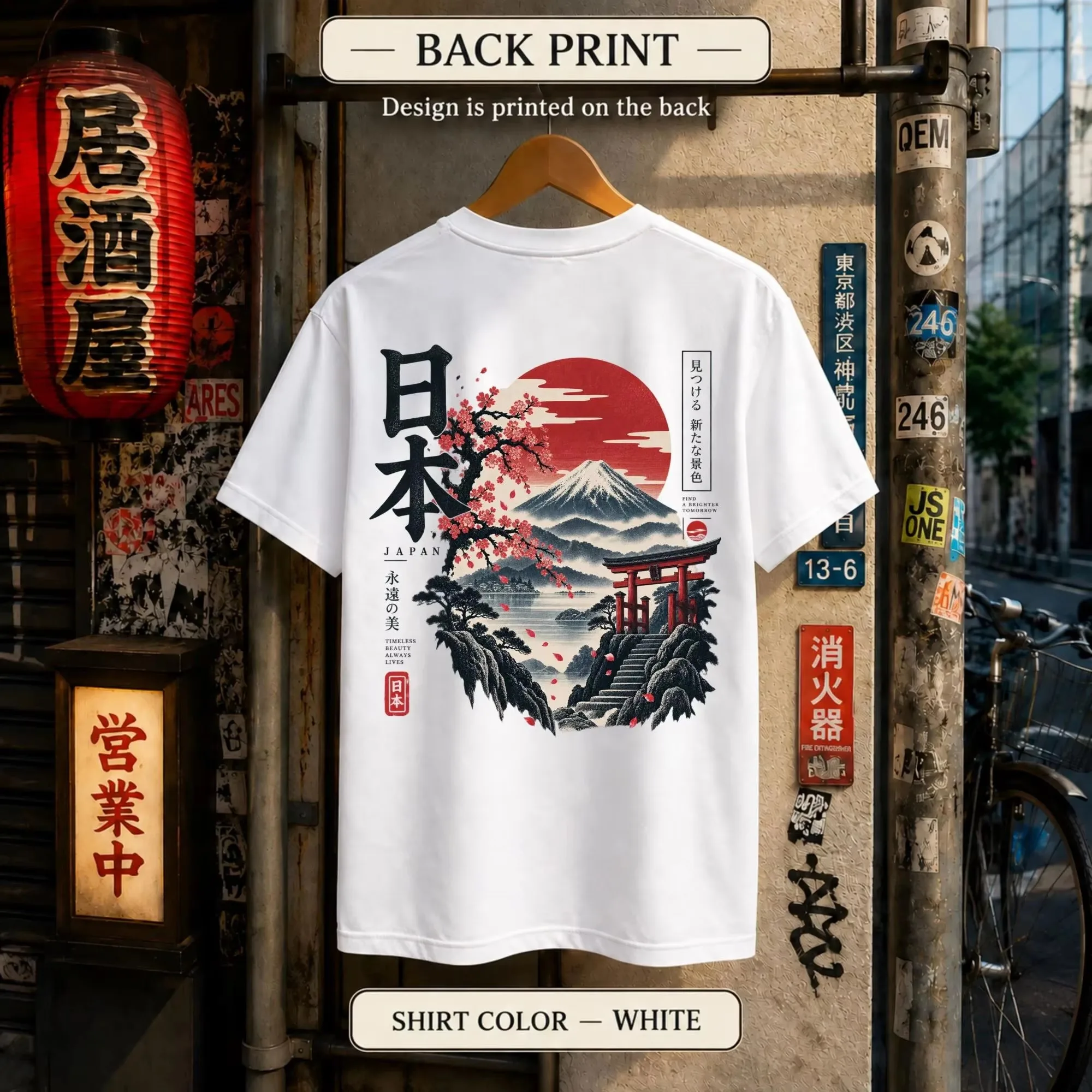 2026 New Family Matching Unisex Oversized Streetwear T Shirt Japan Fuji Mountain Sakura Torii Gate Ukiyo-e Back Print Short Tee