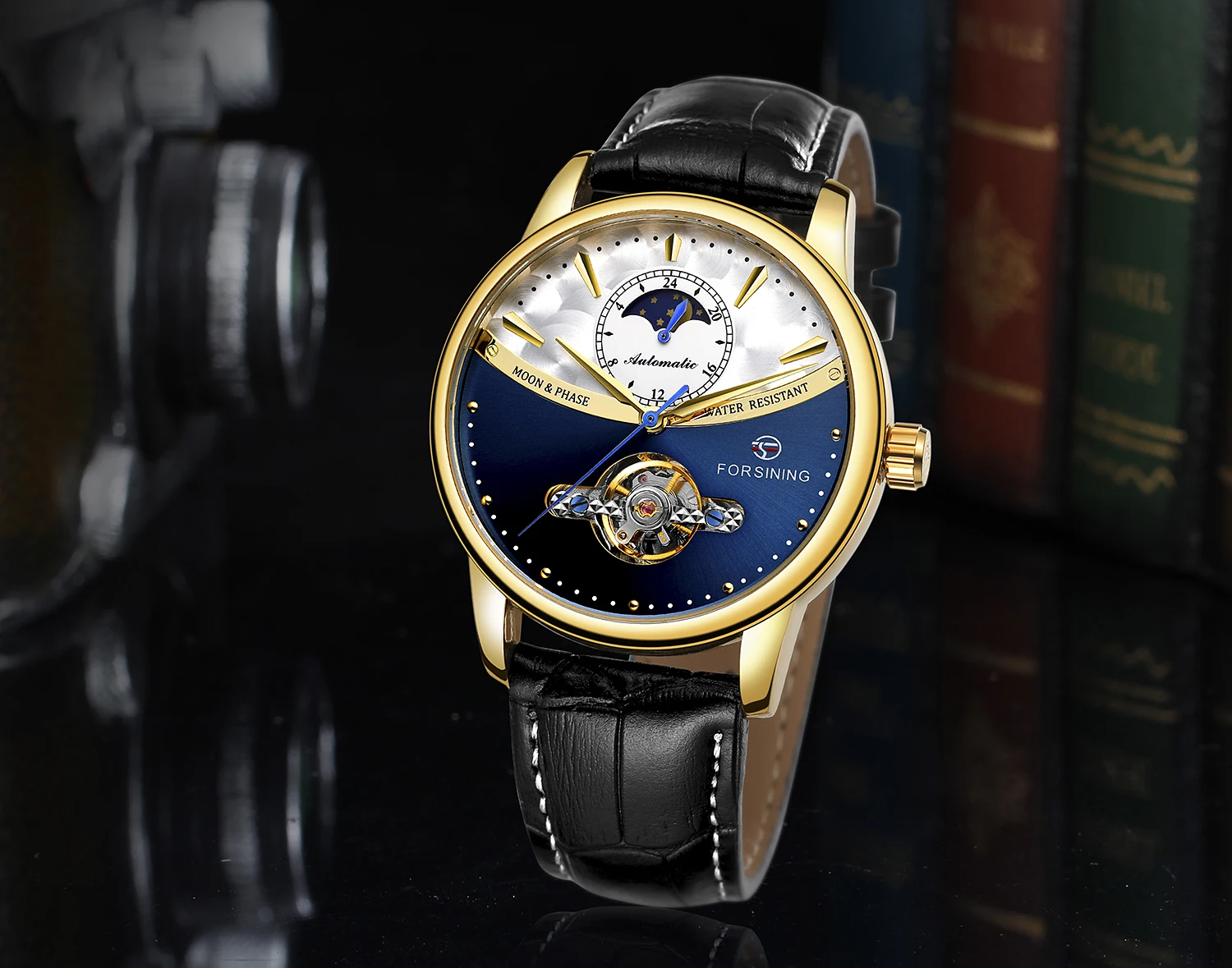 ساعة FORSINING Fashion Moon Phase Design الفاخرة للرجال أوتوماتيكية هيكل عظمي ميكانيكية توربيون بحزام جلدي ساعة يد للأعمال