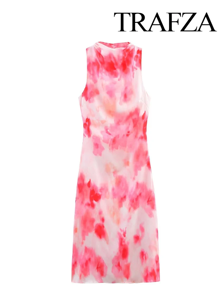 HH Mulheres Verão Em Torno Do Pescoço Moda Tie-Dye Seda Cetim Textura Midi Vestido Feminino Elegante High Street Casual Vestido Sem Mangas