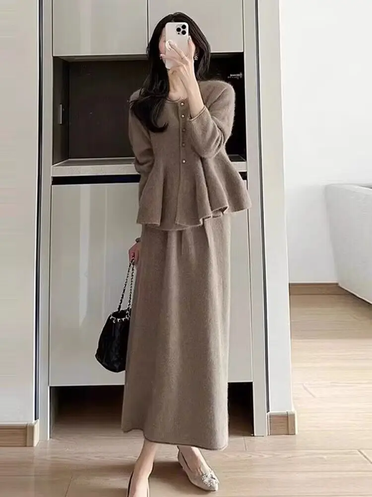 2 Piece Sets Women Outfit Autumn/Winter Solid Knitted Cardigan Skirt Sets New in Matching Sets Sweater Women Clothing Knit Set