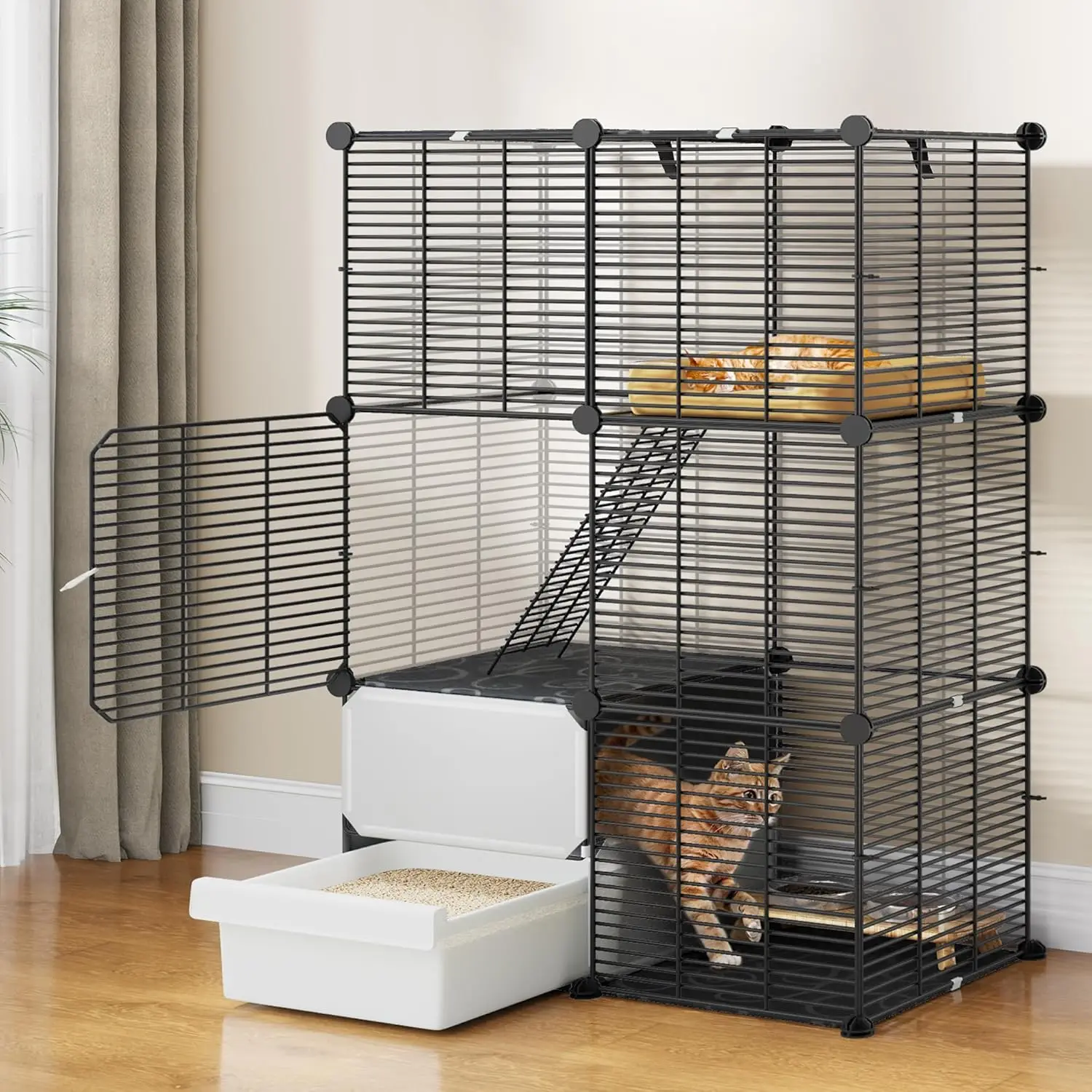 

3-Level Cat Cage with Litter Box: DIY Indoor Enclosure for 1-2 Small Cats, Spacious Black Playpen