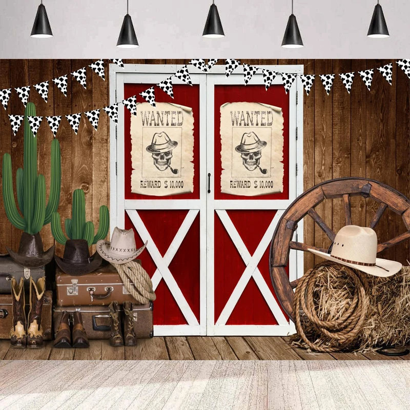 Photography Backdrop Wild Western Rural Wooden Cowboy Houses Red Barn Doors Background Wall Baby Shower Birthday Party Banner