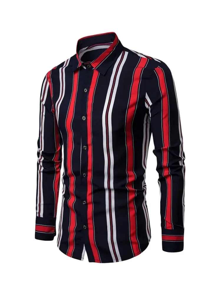 Men's Formal Shirt Striped Plaid Color Block Lapel Fashion Long-sleeved Shirt Soft Elastic Comfortable Business Casual Men's Clo