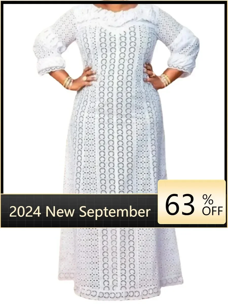 Elegant African Elegant Dresses for Women White Hollow Out 2024 Muslim Fashion Abayas Dashiki Robe Kaftan Long Maxi Dress M-5XL