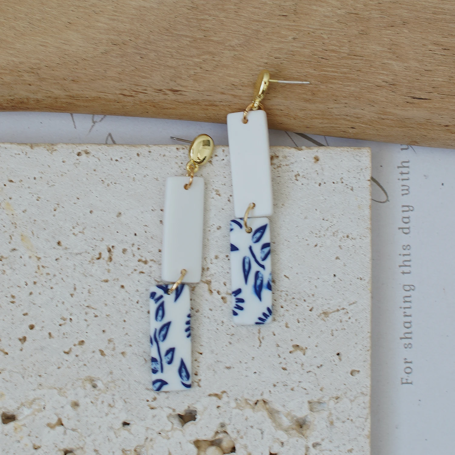 Mediterranean Style Blue Floral Clay Earrings Vintage Aesthetic White Navy Dangle Unique Artsy Tassel Fringe Jewelry Trendy Acce