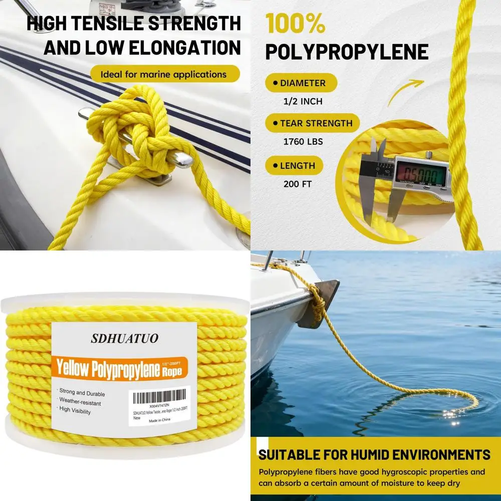 

Полуполутемберный (1/2 дюйма) жёлтый полипропиленовый трос 200T для тяжёлых условий эксплуатации — высокая видимость, маслостойкий, подходит для морских работ, кемпинга и активного отдыха