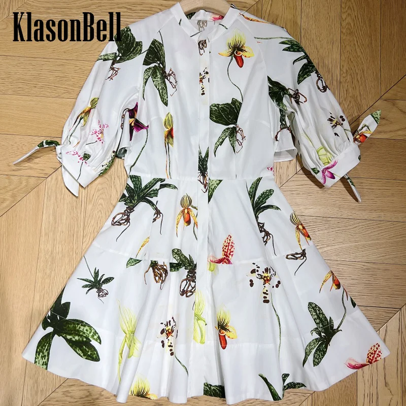 

8.27 KlasonBell-Women's Fashion Sweet Cotton Print Raglan Sleeve Bow Decoration Mini Dress High Waist Spliced Hem A-Line Dress