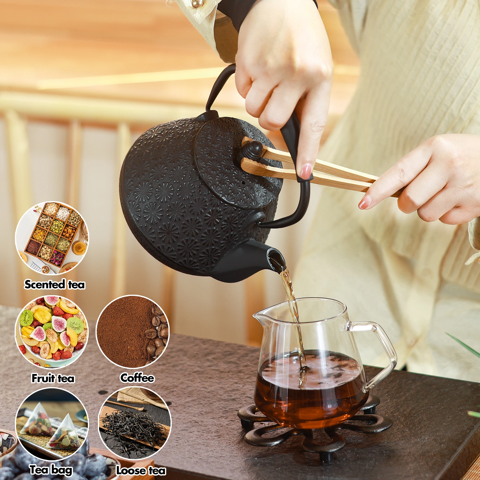 Cast Iron Teapot, Japanese Sakura Blossom Pattern Infuser for Loose Leaf Silicone Handle,Enamel Interior,32oz 950ml Black