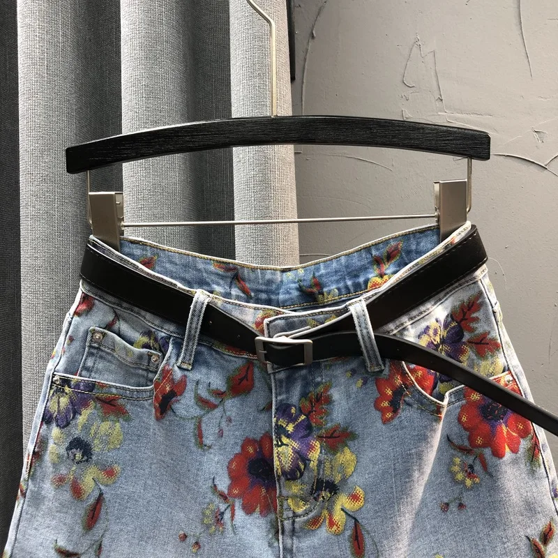 High Waist Rose Print Jeans Shorts Women Straight Leg Slim Denim Knee Length Pants 2024 Summer Fashion Casual Flower Shorts