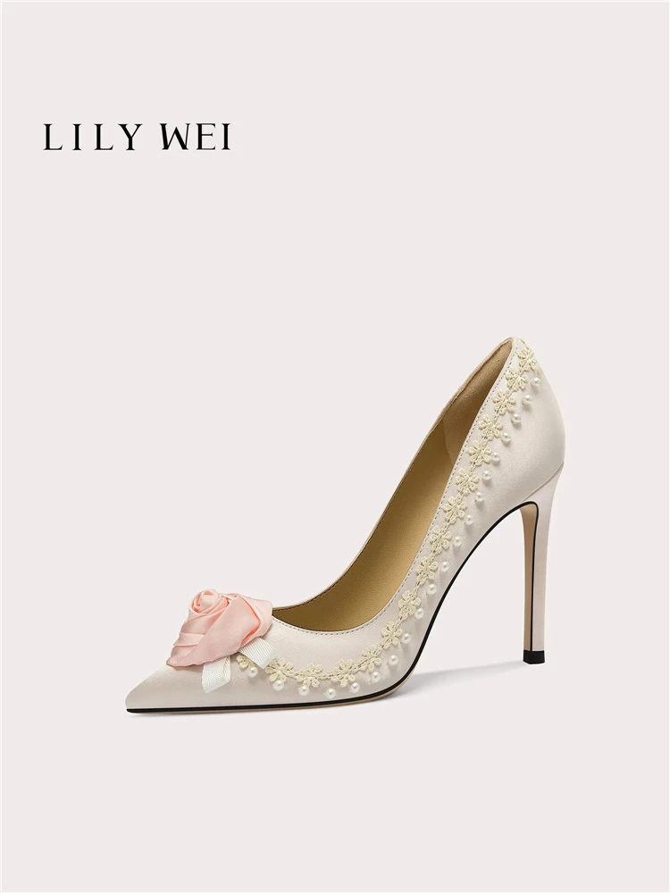 

Туфли на высоком каблуке, весенние, остроносые, из шелка, с жемчугом, на плоской подошве, для банкетов, большие и маленькие размеры, широкая версия, водонепроницаемые, на платформе, женская обувь