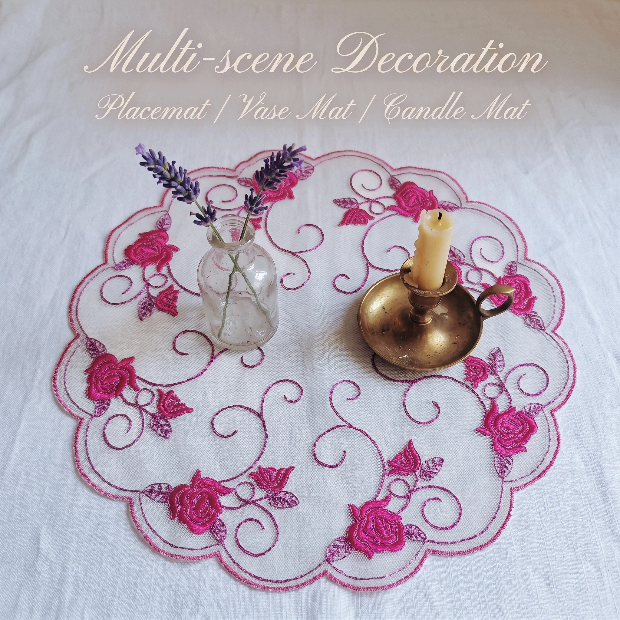 Embroidered Placemat Wedding Coasters Washable Round Pink Flower Table Mat Anti Slip Plates Mats  Dining Table Decor Accessories