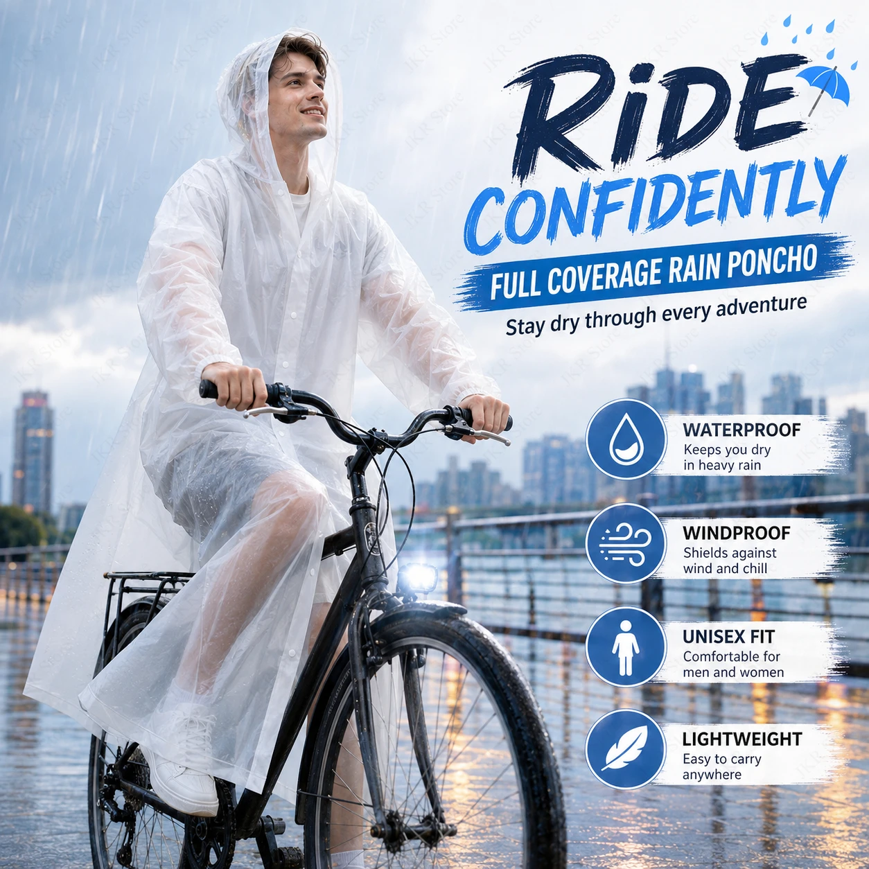 Cycling Commuter Rain Gear - Adult Waterproof Raincoat Poncho Thick Wind
