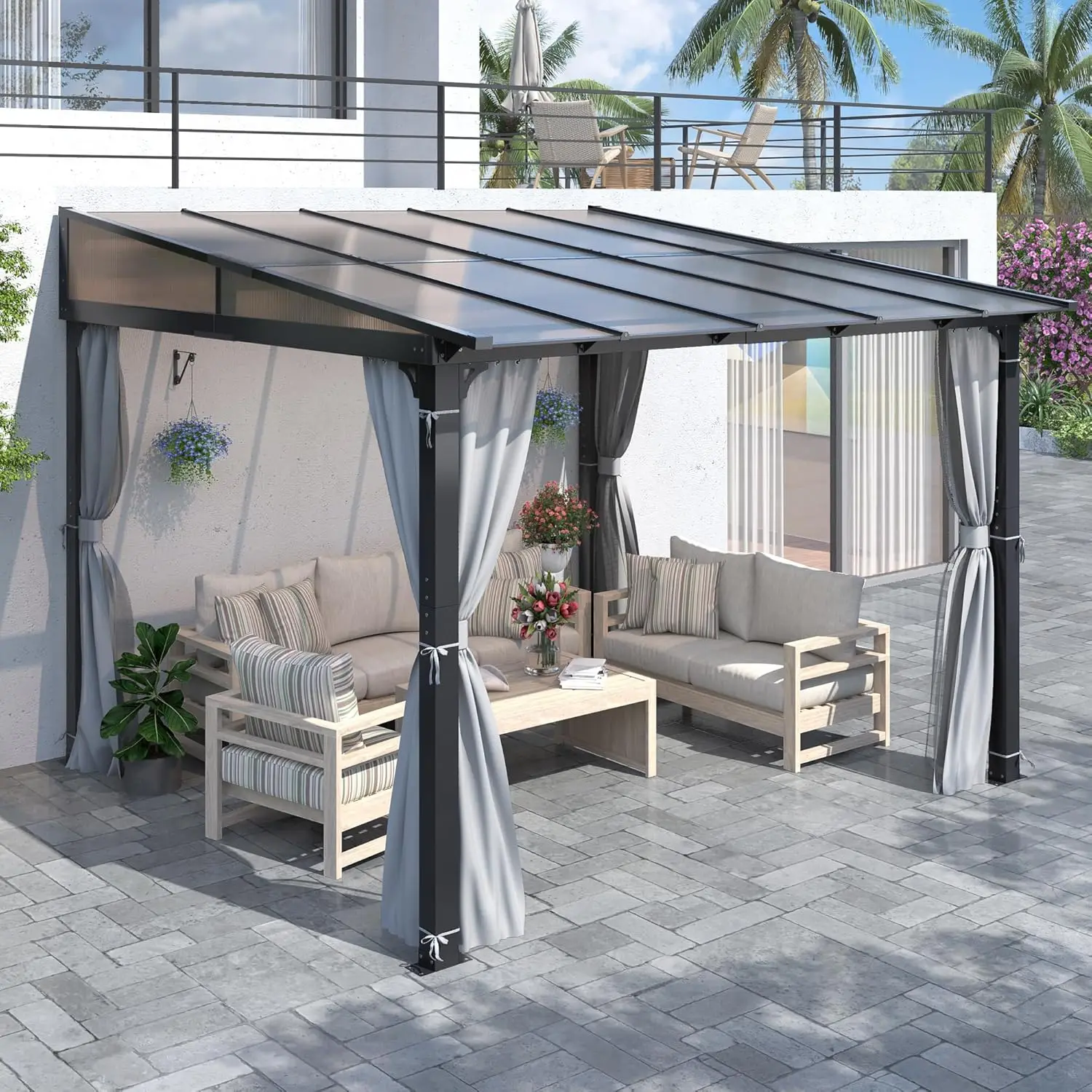 

10x10ft Polycarbonate Lean-to Gazebo Wall Aluminum Slope Hardtop Netting Curtains Garden Deck, Customized