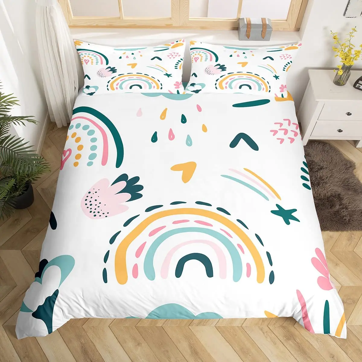 Lovely Rainbow Duvet Cover Sun Crown Cloud Rain Bedding Set Stick Figure Art Comforter Cover Kids Bedroom Polyester Quilt Cover