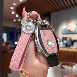 Compatible with Mercedes Benz Key Fob Cover with Keychain, Pink Genuine Leather Crystal Key Case Protection Shell Fit for Merced