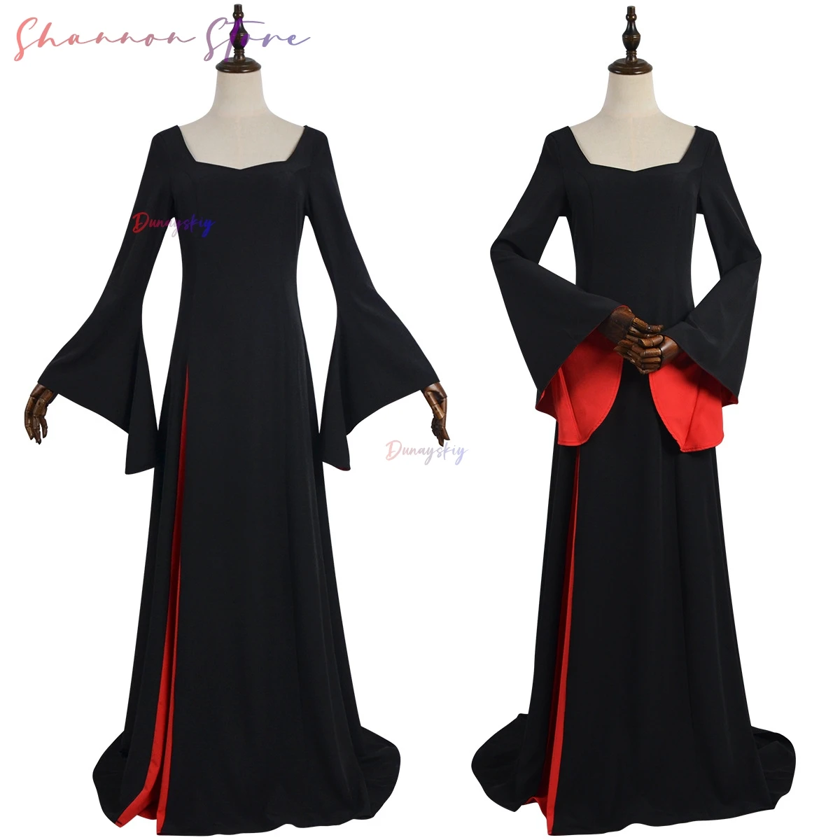 

TV Wednesday Morticia Cosplay Costume Black Robe Wig Set Women Gothic Dress Maxi Skirt Adult Vintage Halloween Masquerade Party