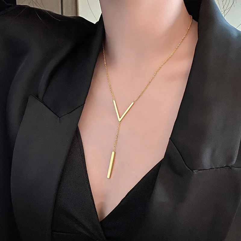 hStainless steel V-shaped long sexy Clavicle Necklace Ladies and girls stainless steel Gold colour chain Necklace Party jewelry