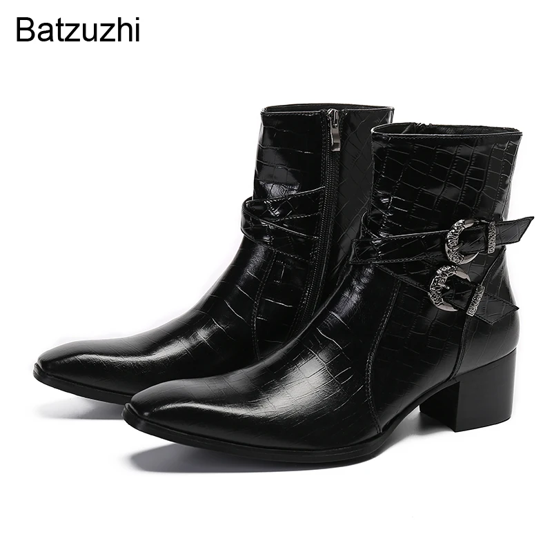 

Batzuzhi Western Handmade Men's Boots Shoes Pointed Toe Black Genuine Leather Boots Men with Buckles Knight, Party Botas Hombre