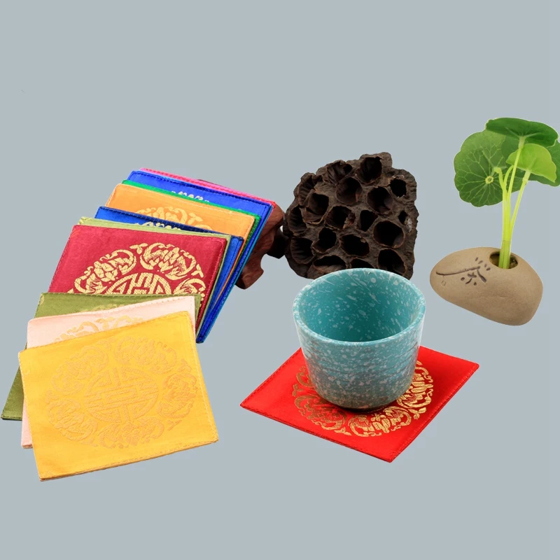 Square Chinese style Silk Brocade 4 Coaster Sets Vintage Dining Table Lucky Cup Mat Small Placemat 6pcs Coffee Tea Pads