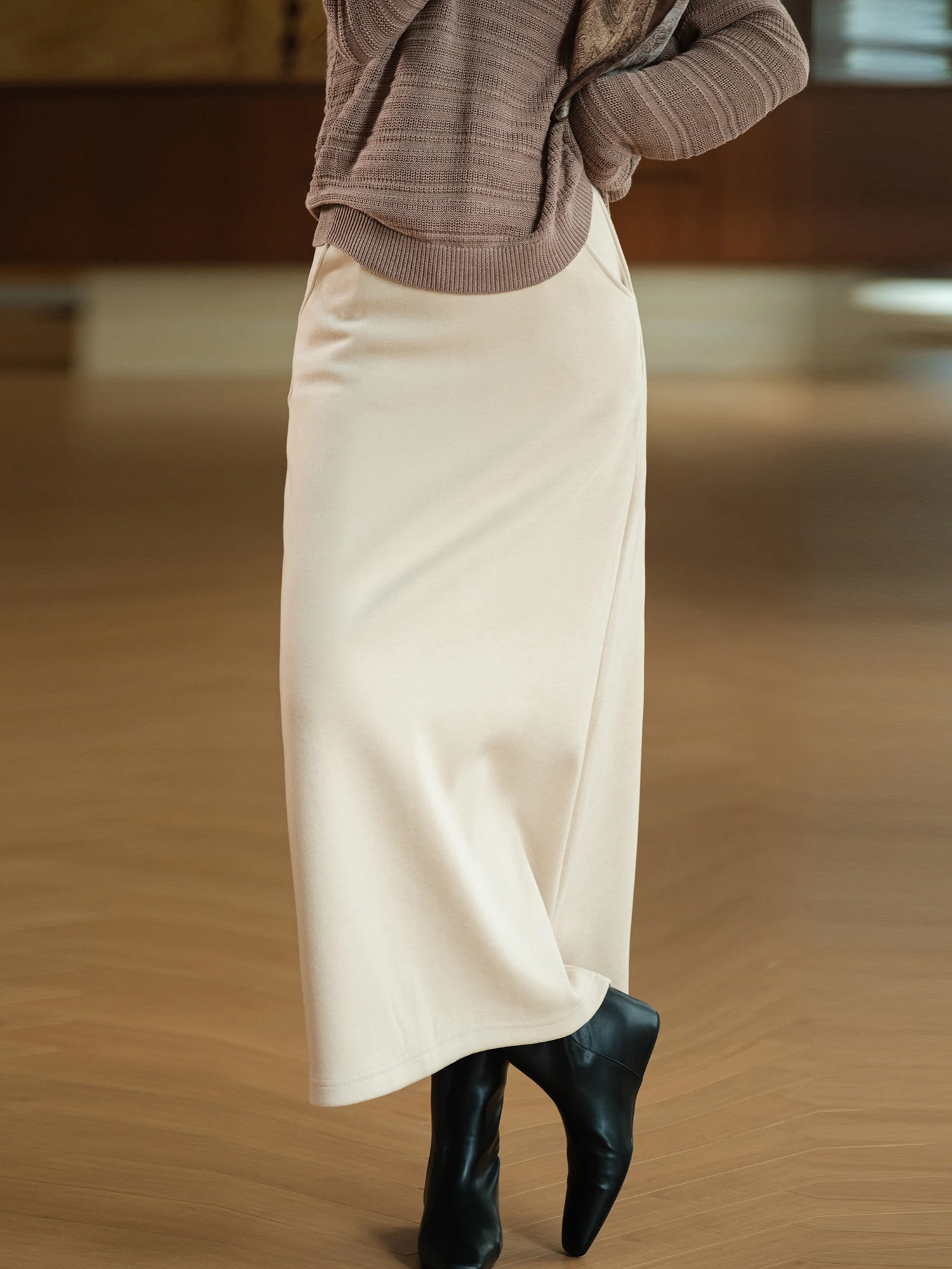 Elastic Waist Heavyweight Fleece Women's Midi Skirt Straight Leg Design Wool Blend Comfortable Fit Fashionable Autumn Skirt