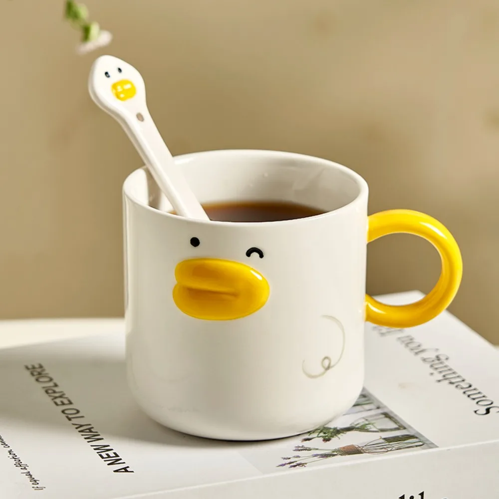 Weird Card Duck Mark Cup Big Mouth Ceramic Water Simple Cute Coffe Cups Mug with Spoon Christmas Gifts for Kid Drinkware