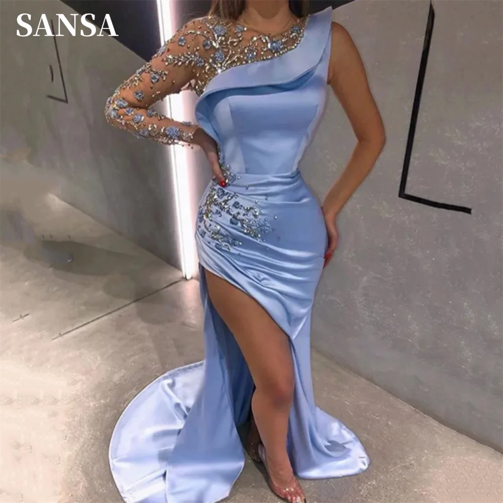 Sansa Elegant Long Sleeve Light Blue Silk Prom Dress Sequins Embroid فساتين سهره فاخره 2023 Satin Mermaid Vestidos De Noche