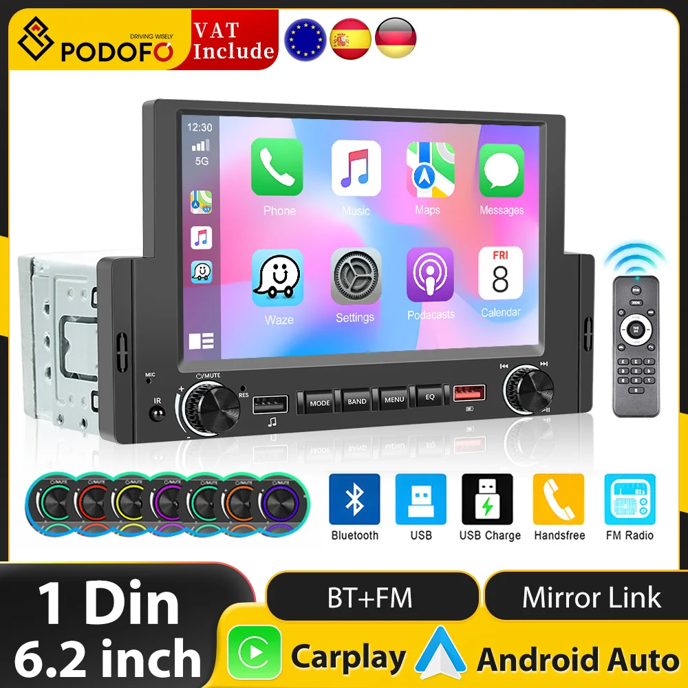 Podofo Carplay Car Stereo Radio 1din Car Mp5 Player 6.2'' Universal Car Multimedia Player with BT FM AUX Rear View Camera