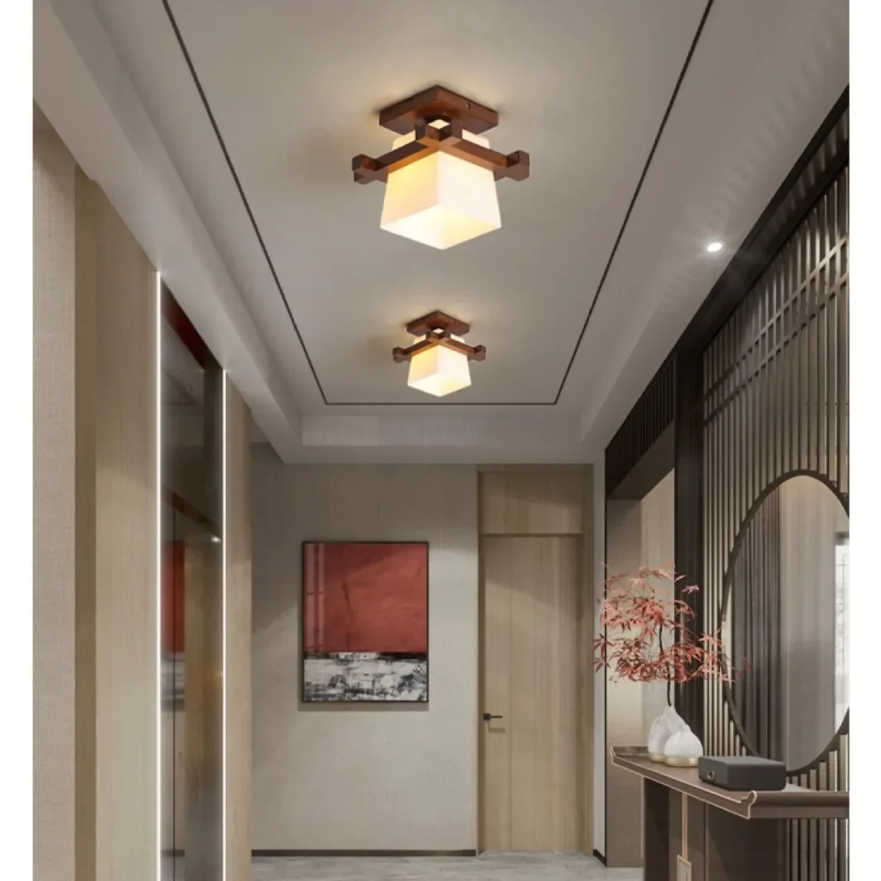 

Simple Well Shaped Glass Solid Wood Ceiling Light Balcony Corridor Light Southeast Asian Personalized Modern Wooden Light