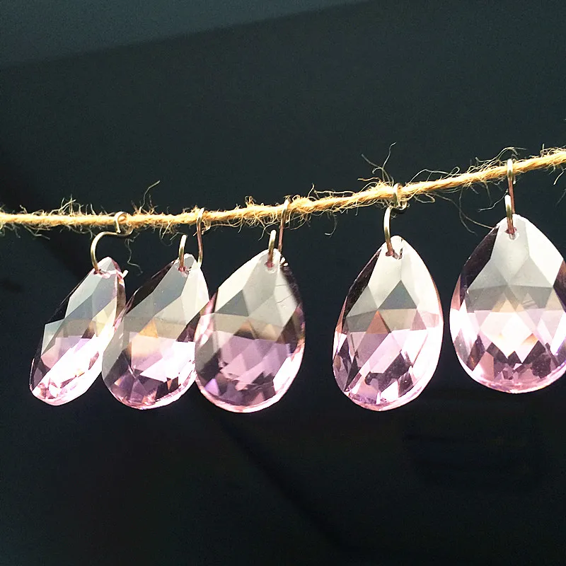 Top Quality 50pcs/lot 38*21mm Pink Angel\'s Tears Faceted Crystal Chandelier Prisms Glass DIY Suncatcher Accessories(+Free rings)