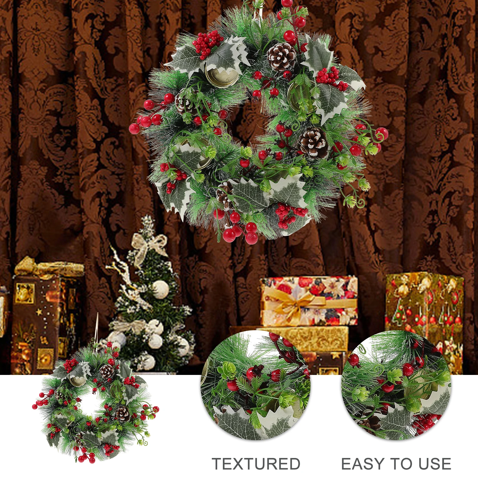 

Realistic Christmas Wreath Xmas Ornament Mini Ring for Home Wall Door Window Lightweight Simulation Garland