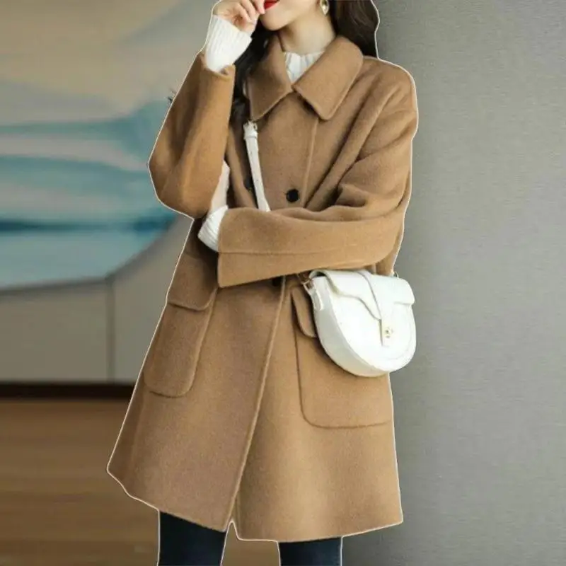 

652F Женское пальто Длинная куртка шерстяное сплошное осеннее пальто с лацканами с длинными рукавами