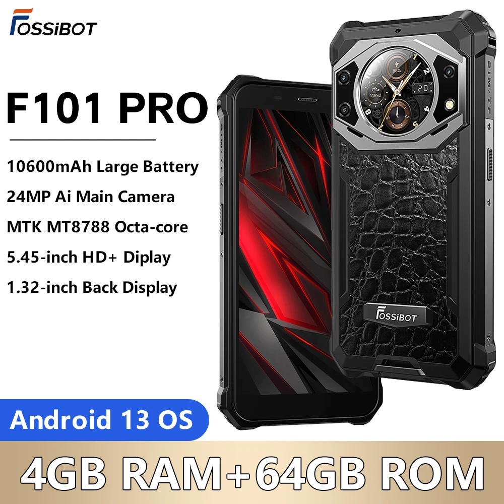 Wytrzymały smartfon Fossibot F101 Pro 8 GB RAM + 128 GB ROM 10600 mAh 18 W Szybkie ładowanie 24 MP 5,45-calowy wyświetlacz HD + Telefon komórkowy z systemem Android13 OS