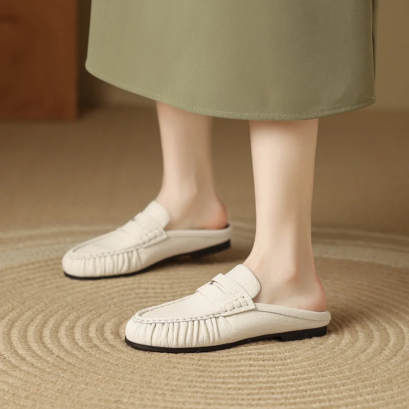 NEW Summer Women Mules Split Leather Shoes for Women Round Toe Low Heel Shoes Cover Toe Slingback Sandals Solid Pleated Slippers