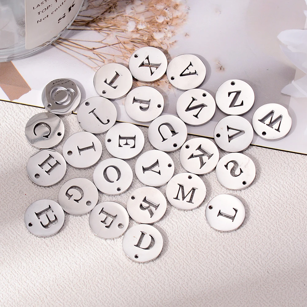 5 Stück/Set 12mm 26 Buchstaben Edelstahl-Anhänger Alphabet-Halskettenanhänger DIY Schmuckherstellung Charms mit Ringen – Detail 6