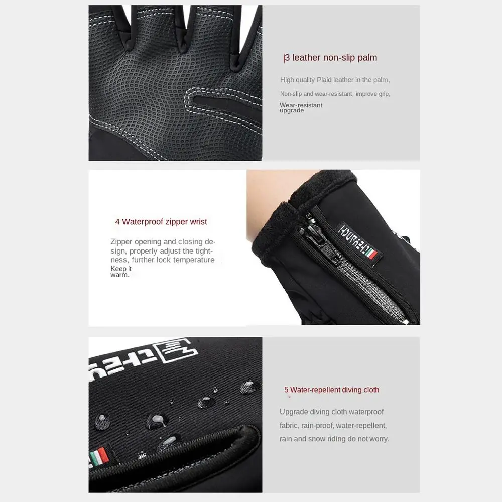 Warm M-XXL Winter Gloves Non-Slip Waterproof Windproof Cycling Gloves Zipper Sensitive Touch Fleecing Mittens For Winter Outdoor